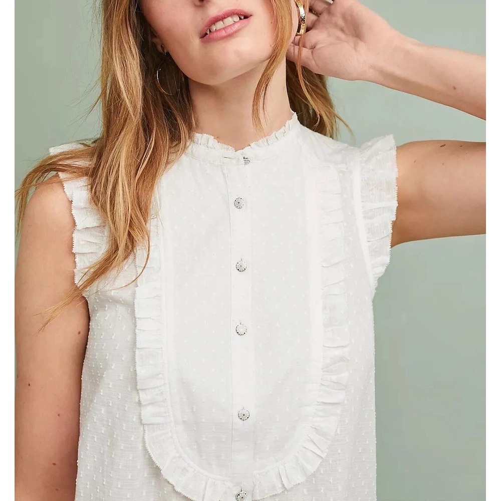 Feather Bone Anthropologie Soneva Swiss Dot Ruffle Top Small Button Sleeveless - Picture 4 of 11